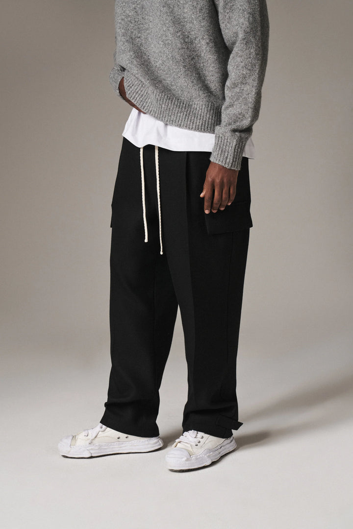 PLEATED WIDE LEG WOOL BLEND TROUSERS