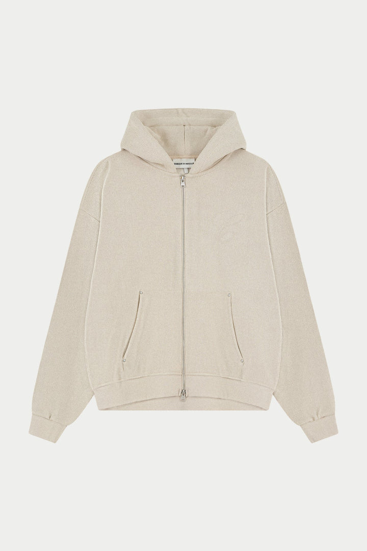 KNIT CONTRAST BINDING ZIP THROUGH HOODIE BEIGE