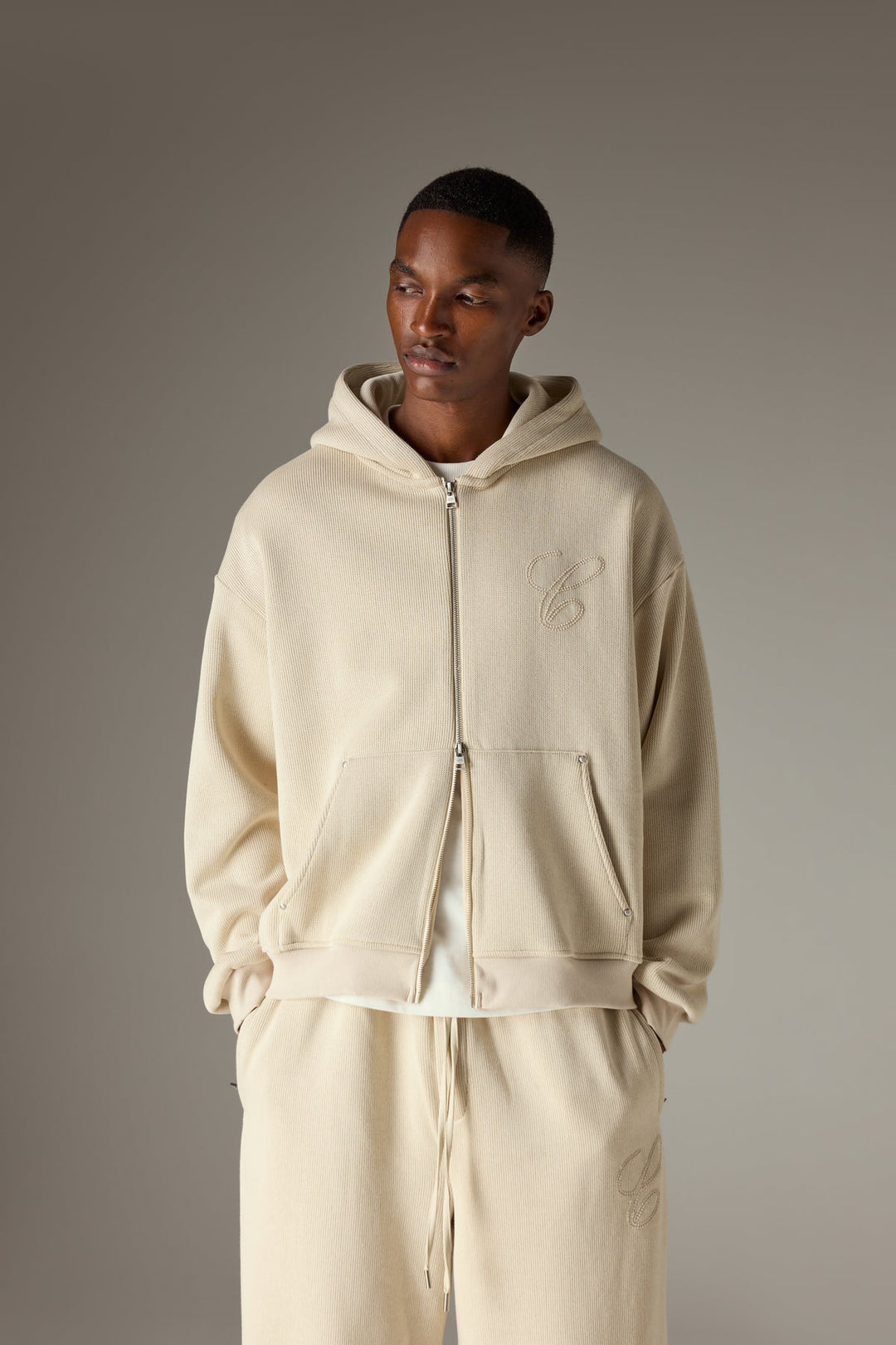 KNIT CONTRAST BINDING ZIP THROUGH HOODIE BEIGE