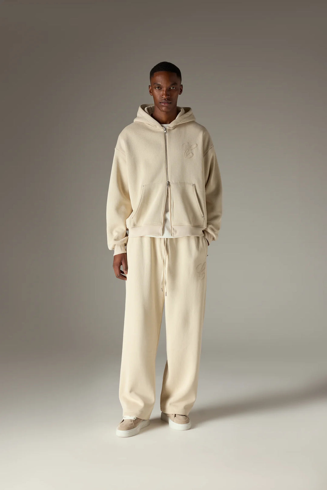 KNIT CONTRAST BINDING ZIP THROUGH HOODIE BEIGE