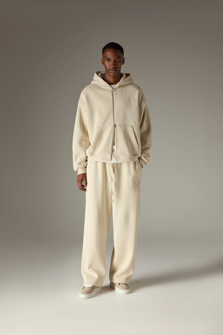KNIT CONTRAST BINDING ZIP THROUGH HOODIE BEIGE