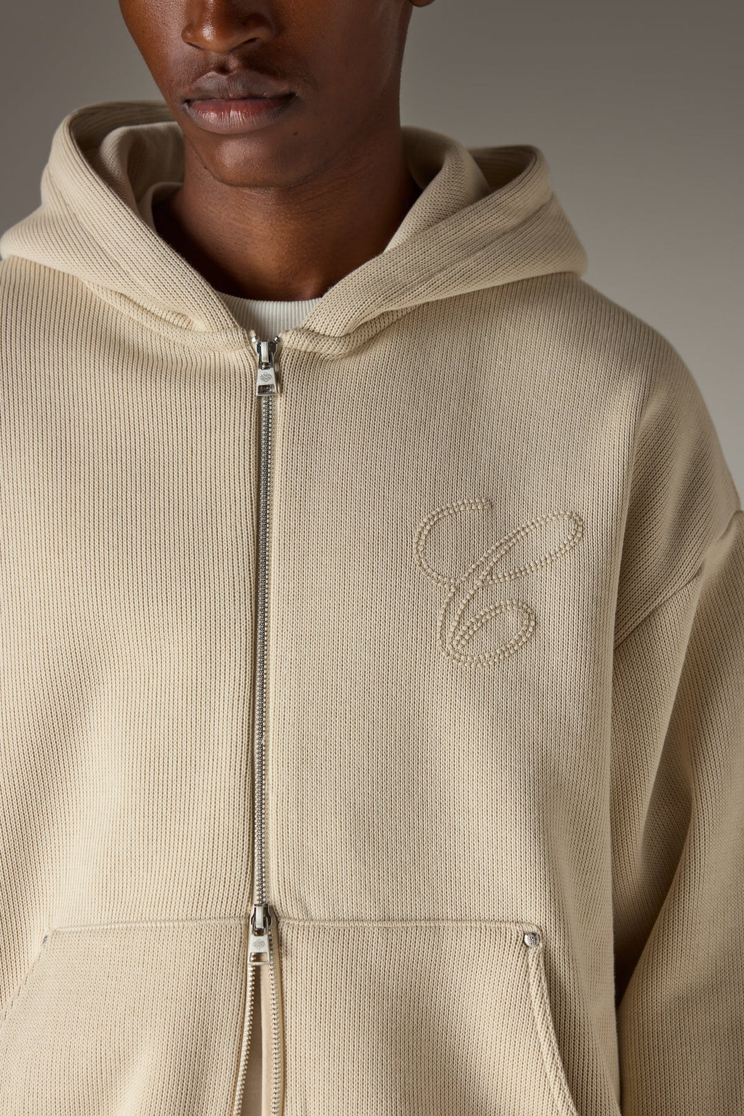 KNIT CONTRAST BINDING ZIP THROUGH HOODIE BEIGE