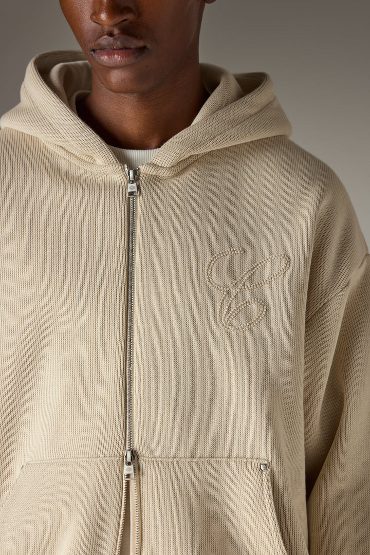 KNIT CONTRAST BINDING ZIP THROUGH HOODIE BEIGE
