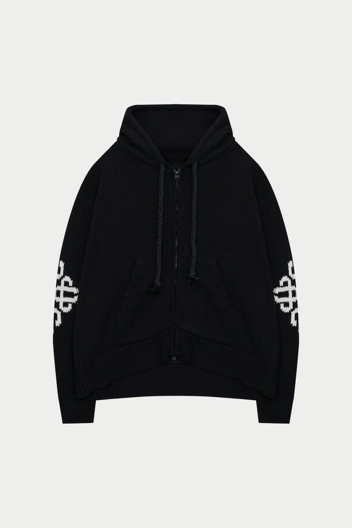 CHUNKY KNIT EMBLEM ZIP THROUGH HOODIE BLACK