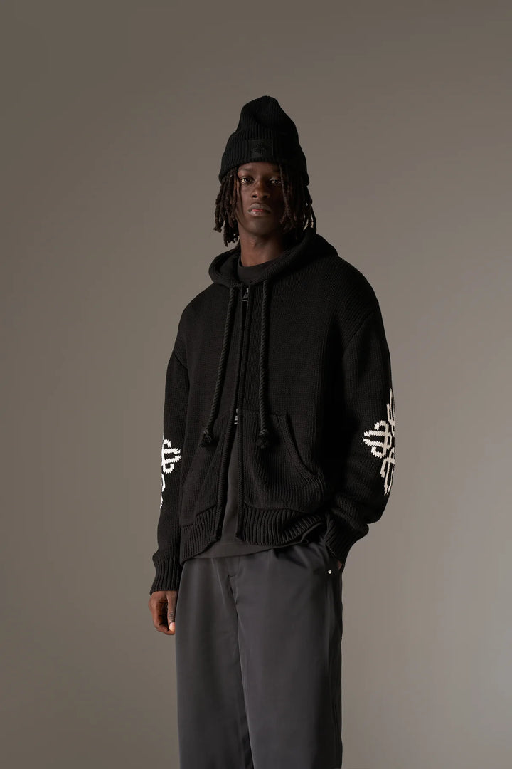CHUNKY KNIT EMBLEM ZIP THROUGH HOODIE BLACK