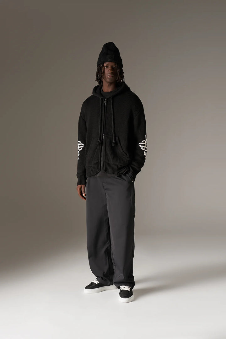 CHUNKY KNIT EMBLEM ZIP THROUGH HOODIE BLACK