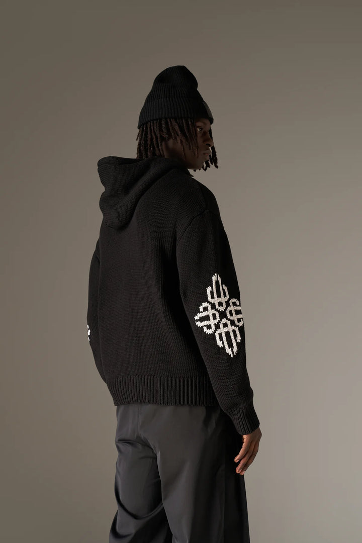 CHUNKY KNIT EMBLEM ZIP THROUGH HOODIE BLACK