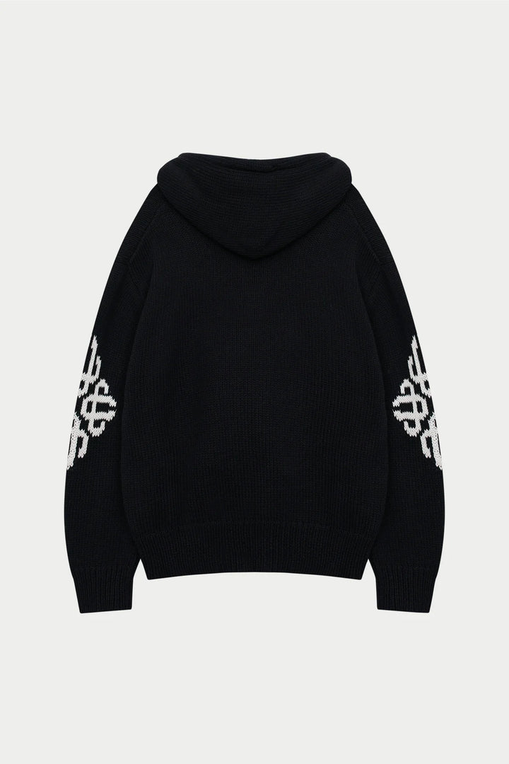 CHUNKY KNIT EMBLEM ZIP THROUGH HOODIE BLACK