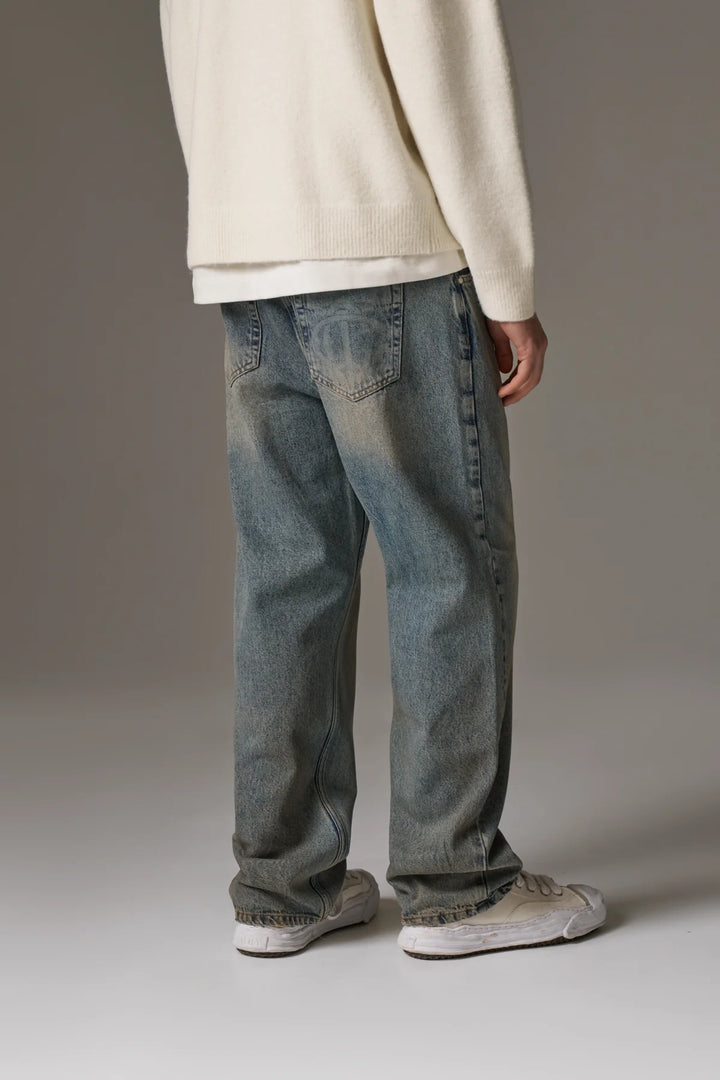 VINTAGE WASHED EMBLEM STRAIGHT LEG JEANS BLUE WASH