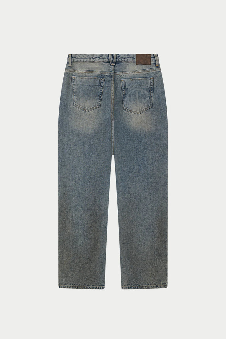 VINTAGE WASHED EMBLEM STRAIGHT LEG JEANS BLUE WASH