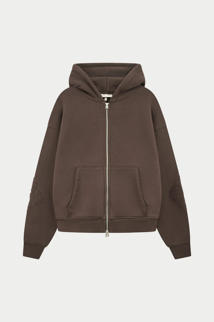EMBLEM APPLIQUE ZIP THROUGH HOODIE BROWN