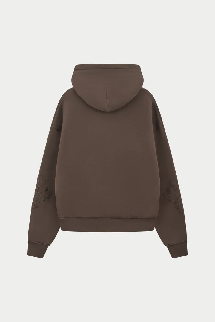 EMBLEM APPLIQUE ZIP THROUGH HOODIE BROWN