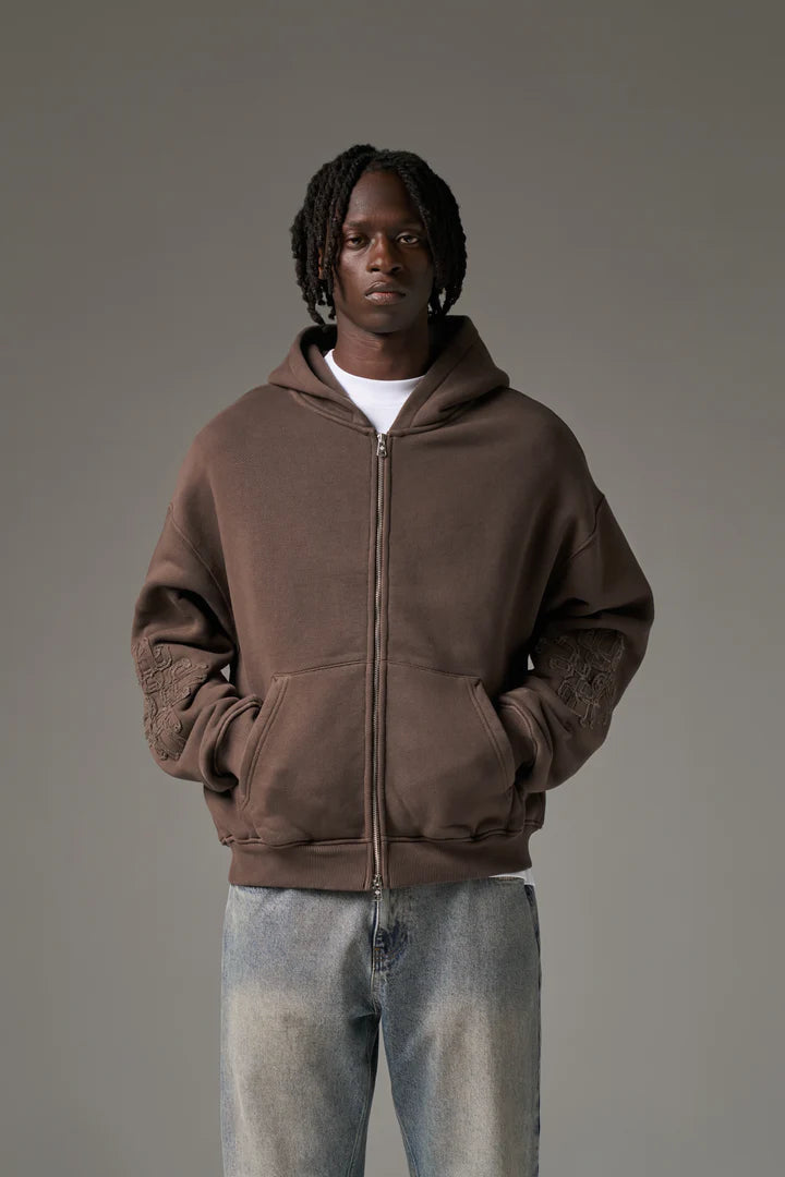 EMBLEM APPLIQUE ZIP THROUGH HOODIE BROWN