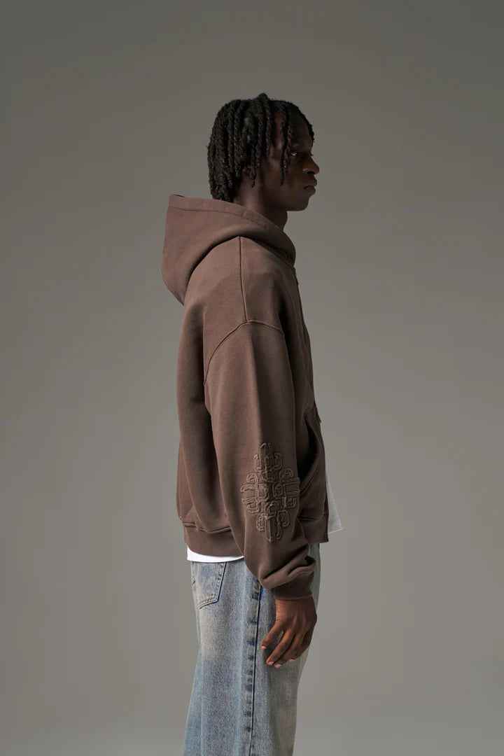 EMBLEM APPLIQUE ZIP THROUGH HOODIE BROWN