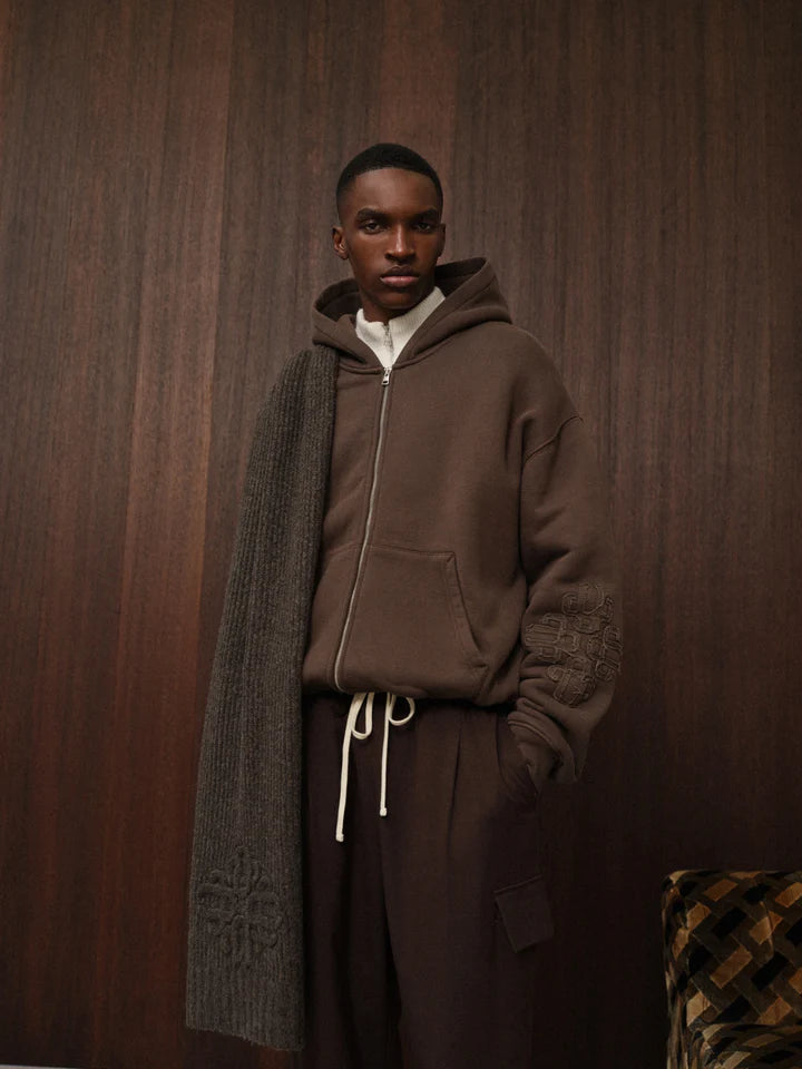 EMBLEM APPLIQUE ZIP THROUGH HOODIE BROWN